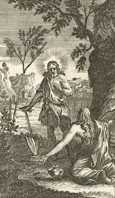 Jesus appears as a gardener to Mary Magdalen, from a German devotional, 1709 by Karl Remshard